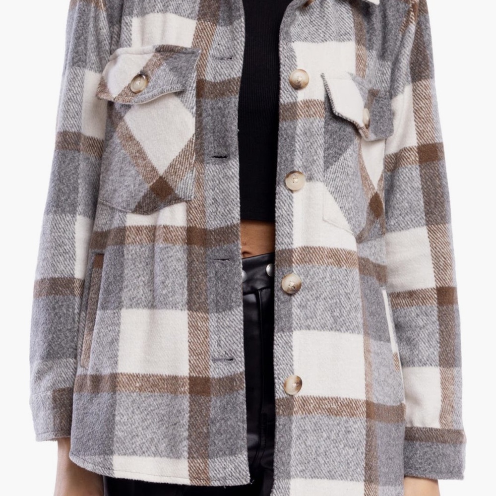 Blank NYC Plaid Utility Jacket - Gray and Brown